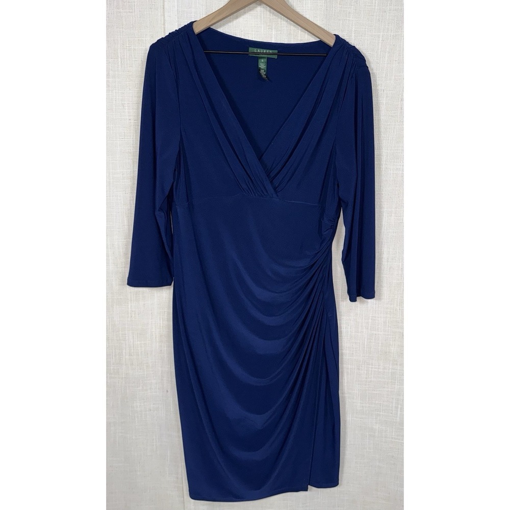 Ralph Lauren Blue Dress Women's Sz 16 Ruched Sheath Classic Career Evening